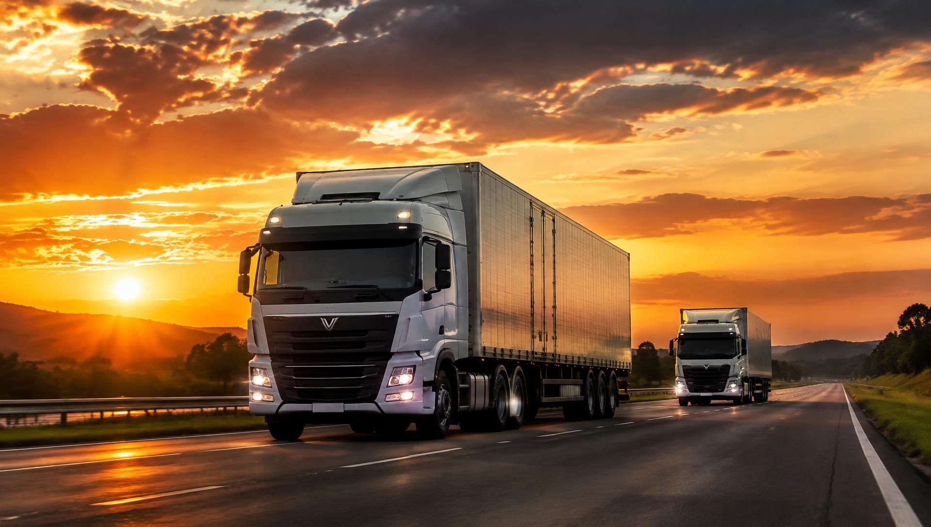 Carretas na rodovia ao pôr do sol